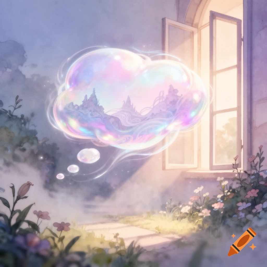 A large, iridescent thought bubble containing a fantasy landscape floats above a path in a soft, sunlit garden next to an open window, in a watercolor style.