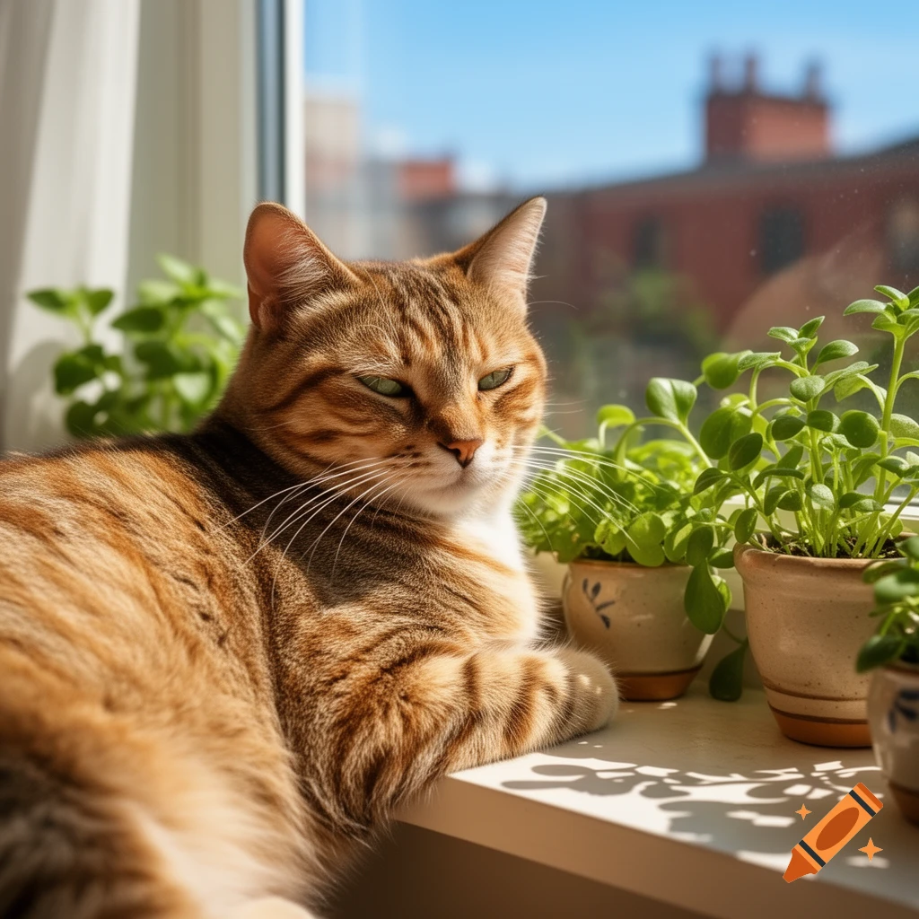 A striped tabby cat with green eyes relaxes on a sunlit windowsill next to several small potted plants, gazing outdoors.
