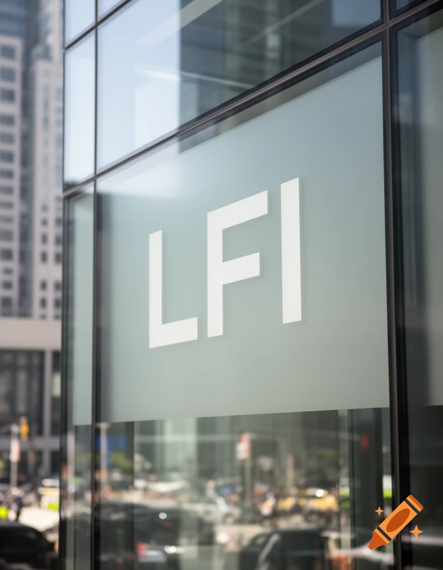 Close-up of a modern glass building facade with the letters LFI written in white, reflecting a busy city street.