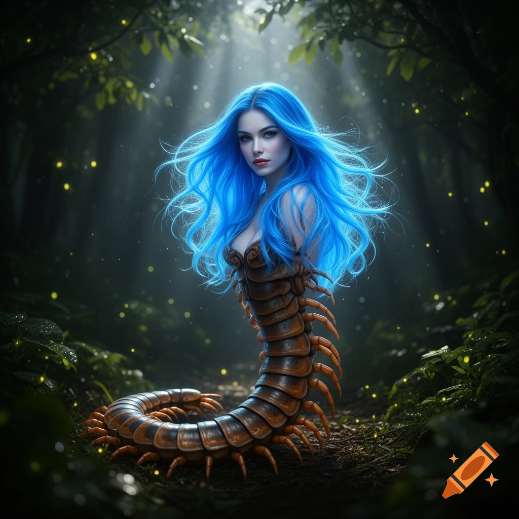 A centipede woman with electric blue hair and a human torso emerging from a luminous, dark forest.