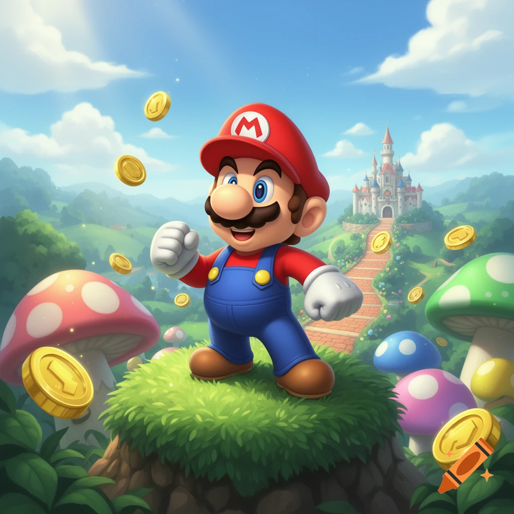 Mario stands on a grassy hill, surrounded by flying coins and colorful mushrooms, with a castle in the distance under a blue sky, in a vibrant cartoon style.