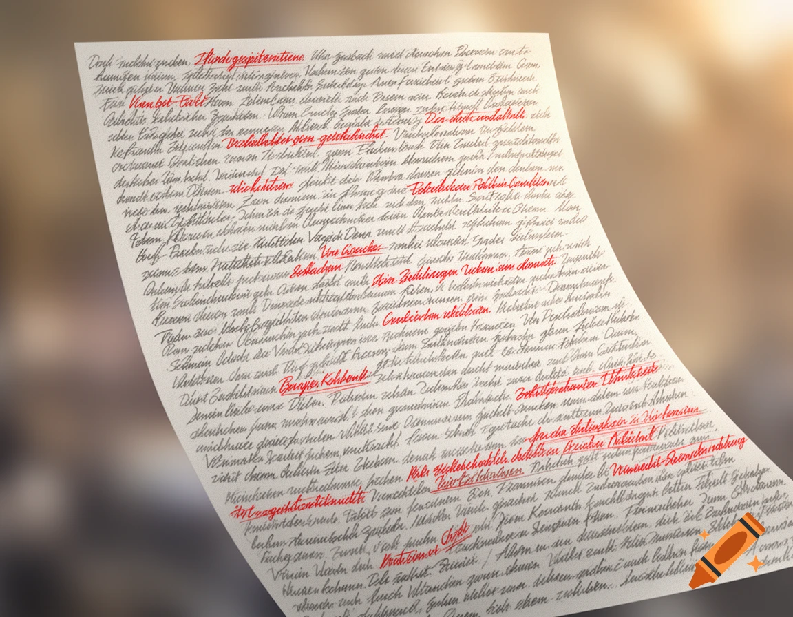 A sheet of paper covered in dark grey pencil handwriting with several words corrected in red ink.