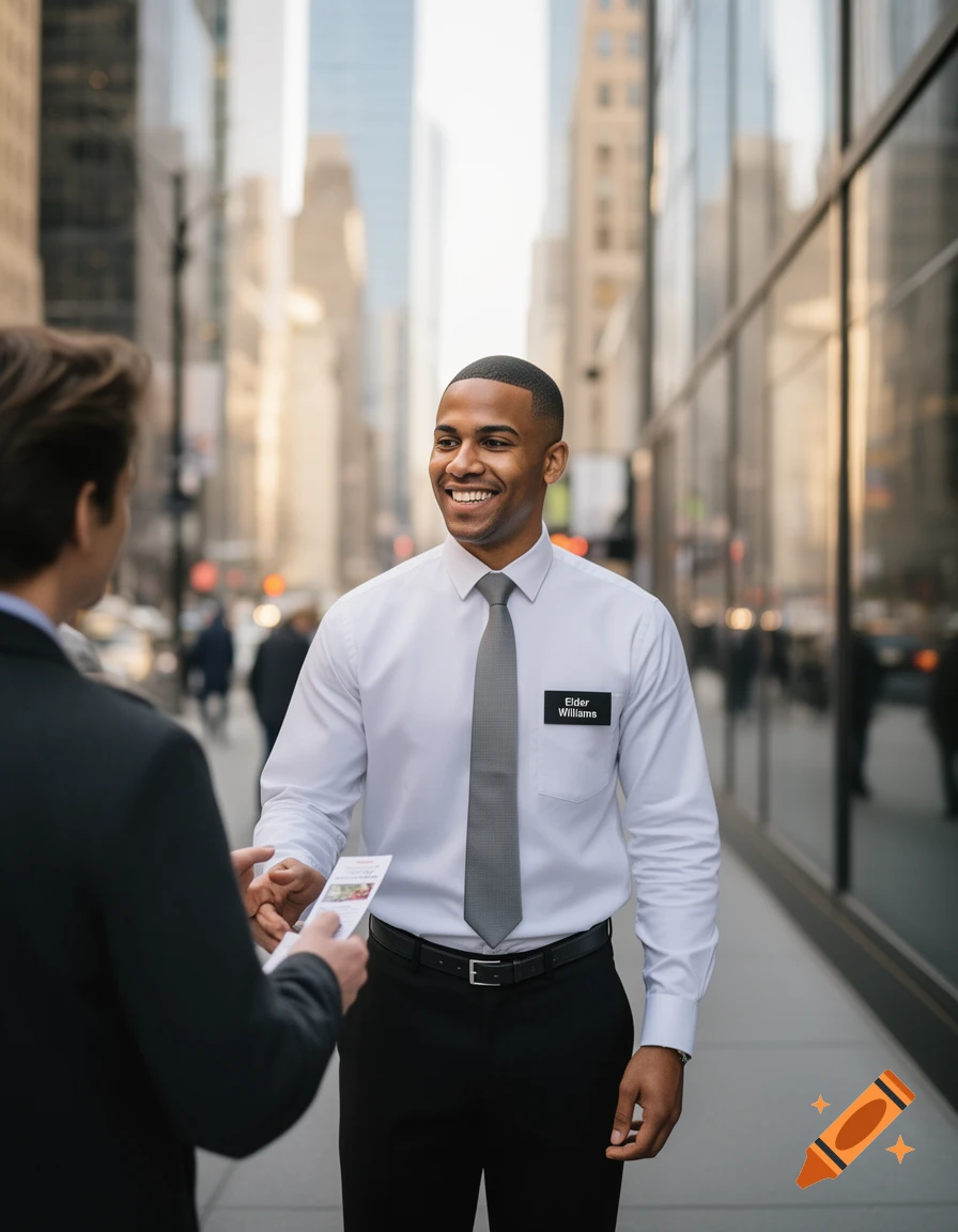 A smiling man wearing a white shirt and tie with an "Elder Williams" nametag shakes hands with another man on a busy city street.
