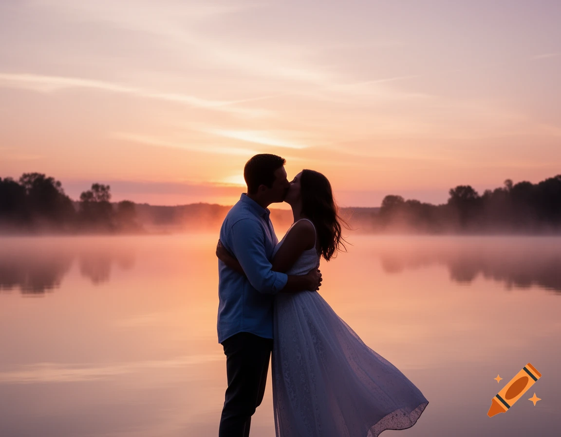 Silhouette of a couple kissing at sunrise over a misty lake with an orange and pink sky.