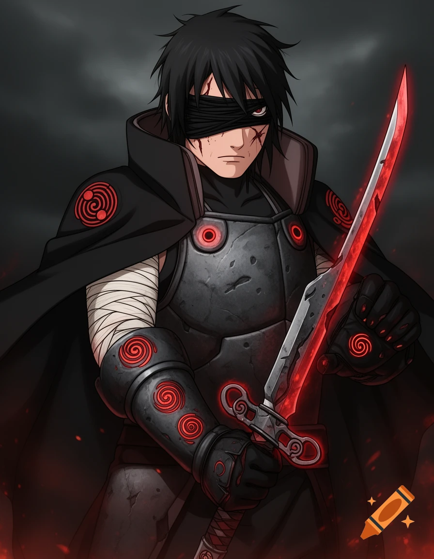 Blindfolded male anime warrior in dark armor with red glowing spiral symbols, holding a glowing crimson sword.