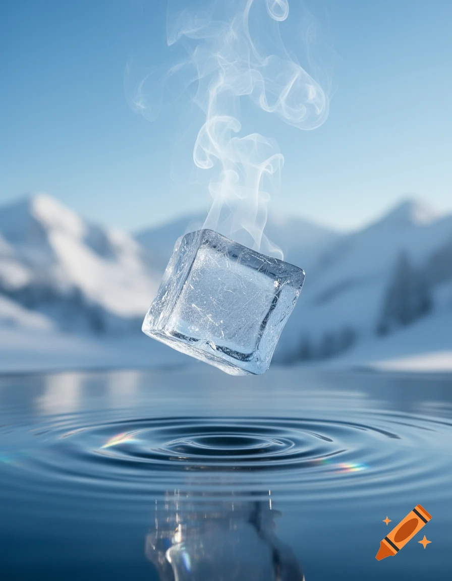 An ice cube hovers above rippling water, emitting steam, with snowy mountains in the background.
