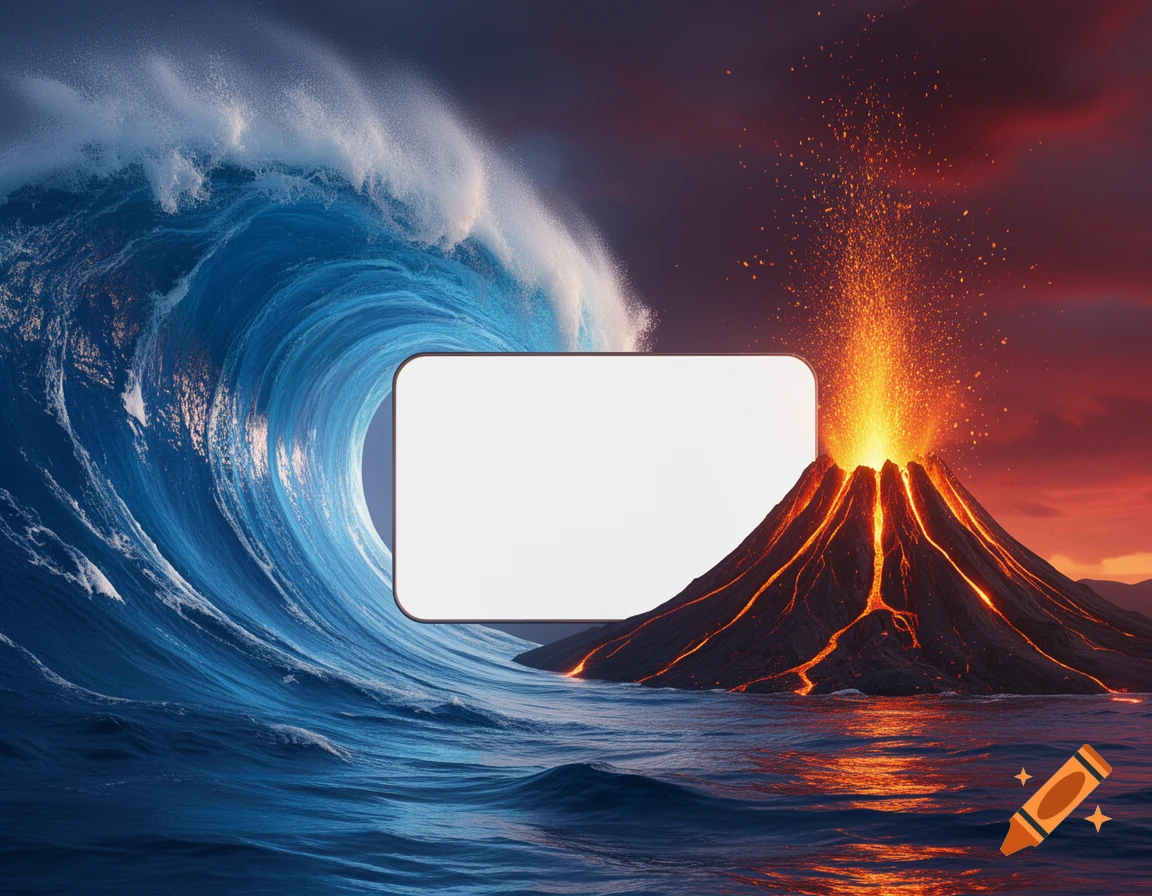 A vibrant 3D illustration shows a blue tsunami wave on the left and an erupting volcano on the right, with a blank rectangular space in the middle.