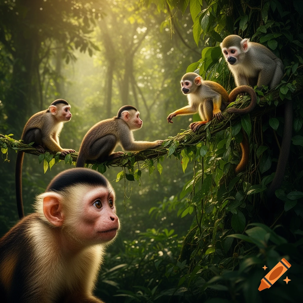 A close-up of a monkey in a lush, sun-dappled jungle, with four other monkeys on branches in the background.