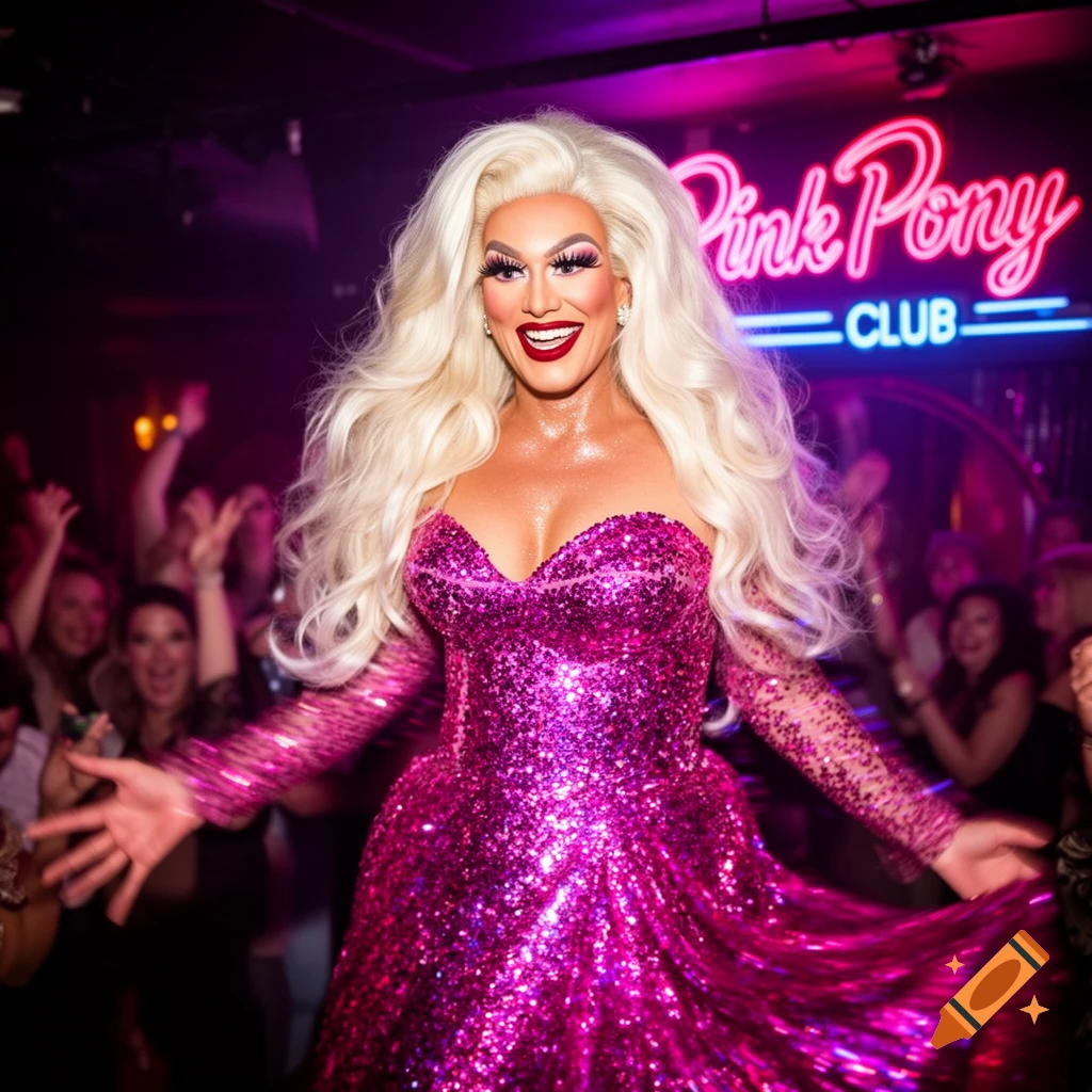 A smiling drag queen with long blonde hair and a sparkly pink dress dances in a club with a neon "Pink Pony CLUB" sign.