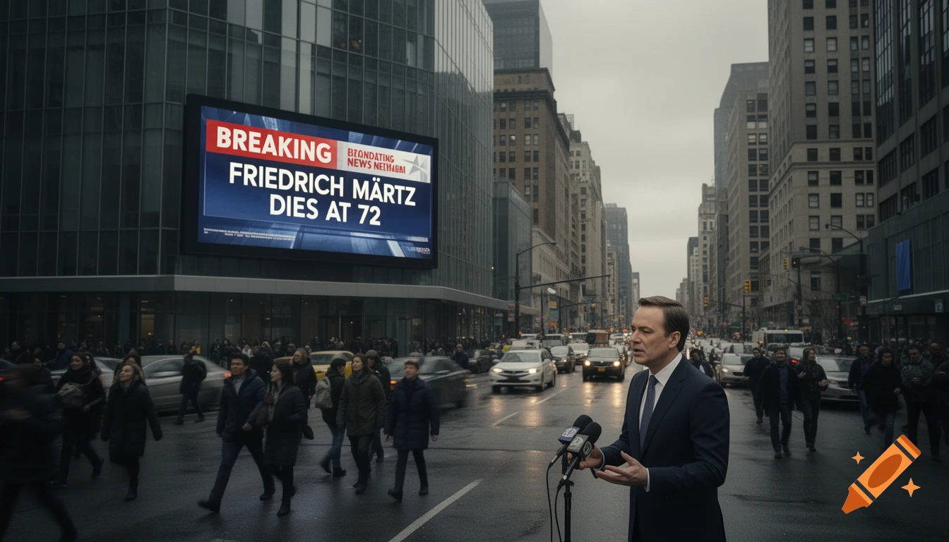 A male reporter speaks into microphones on a busy city street with a large digital billboard displaying "BREAKING: FRIEDRICH MÄRTZ DIES AT 72" behind him. Photorealistic style.