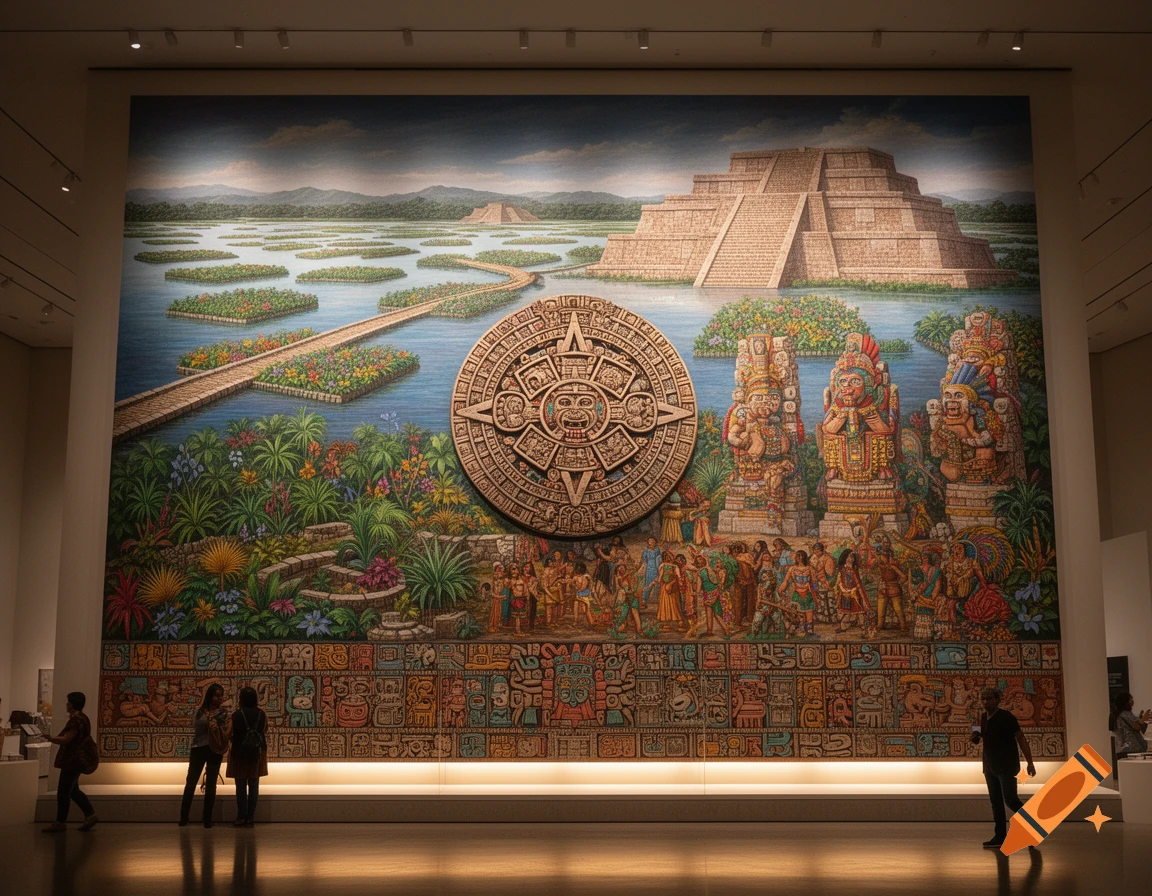 A vibrant mural in a museum depicts an ancient Aztec city with a pyramid, floating gardens, causeways, statues, and pictographs, viewed by people.