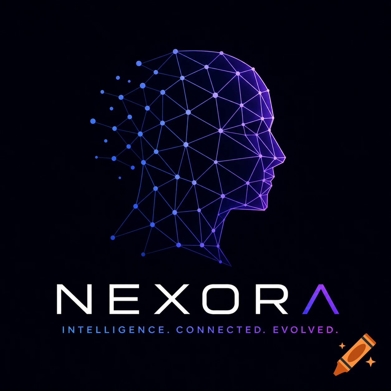 A digital logo featuring a wireframe human head made of glowing blue and purple lines and dots, above the white text "NEXORA" and "INTELLIGENCE. CONNECTED. EVOLVED." on a black background.