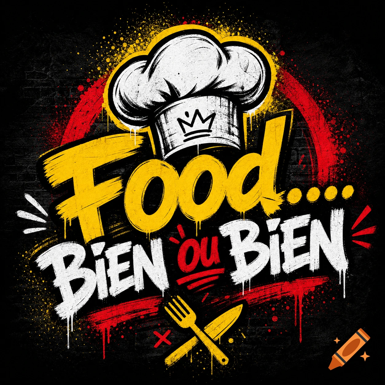 Graffiti-style logo with a chef's hat, fork, knife, and text 'Food... BIEN ou BIEN' in yellow, white, and red on a dark background.