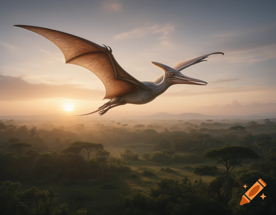 A photorealistic pterosaur flies over a misty jungle at sunset.