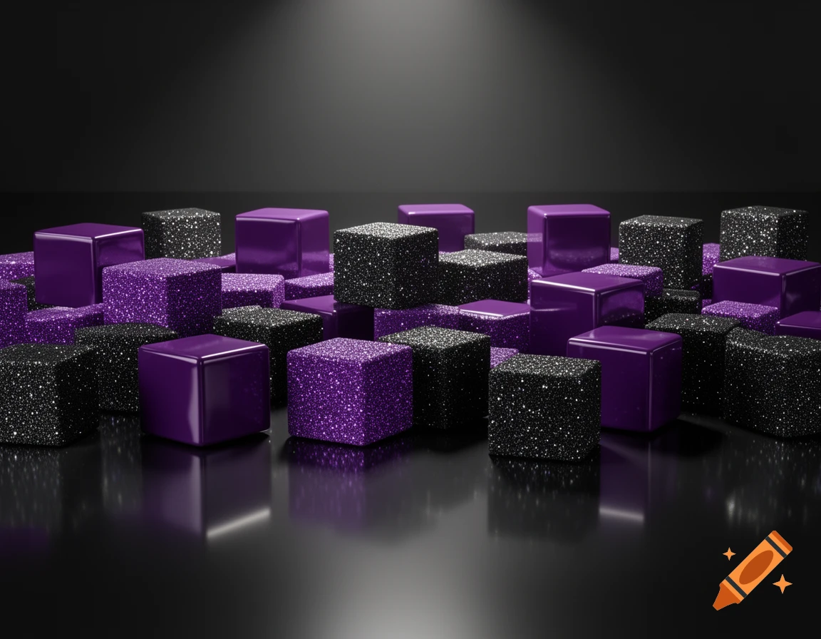Glossy purple and shimmering black glitter cubes scattered on a reflective dark surface with cinematic studio lighting.