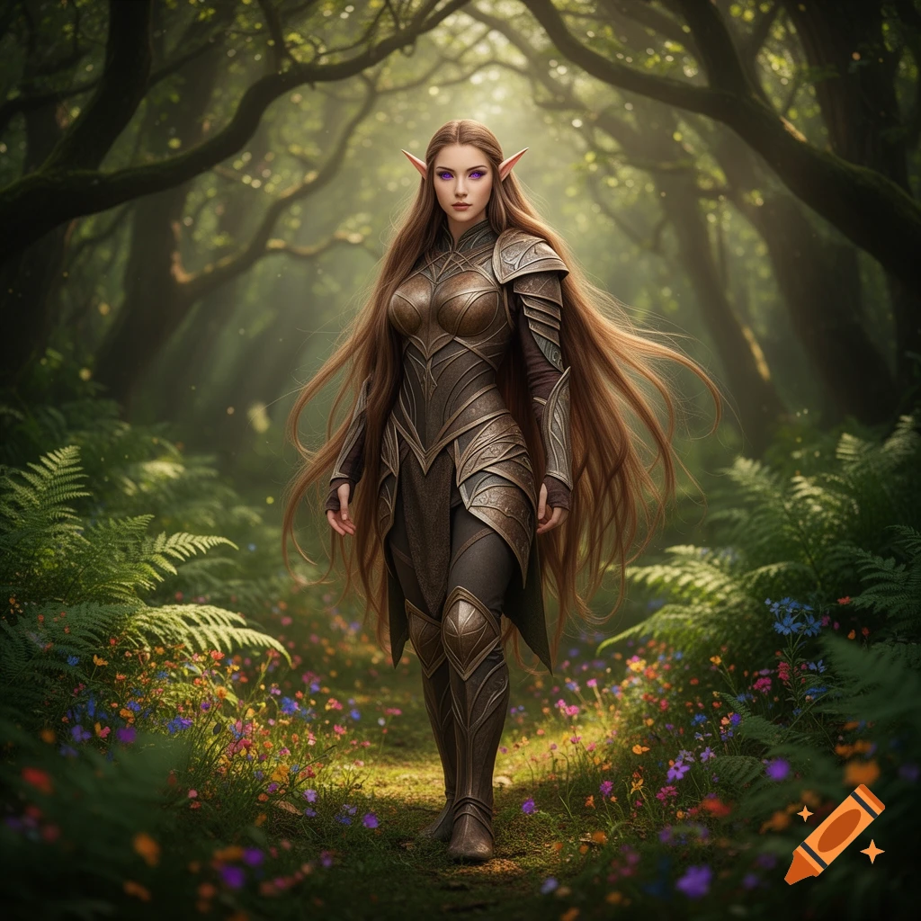 A photorealistic female elf with long brown hair and violet eyes, wearing armor, walks through a vibrant, sunlit fantasy forest filled with wildflowers.