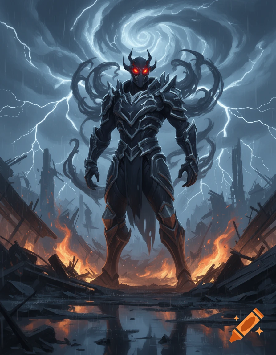 A horned, armored demon-like warrior with glowing red eyes stands imposingly in a fiery, ruined city under a stormy, lightning-filled sky.