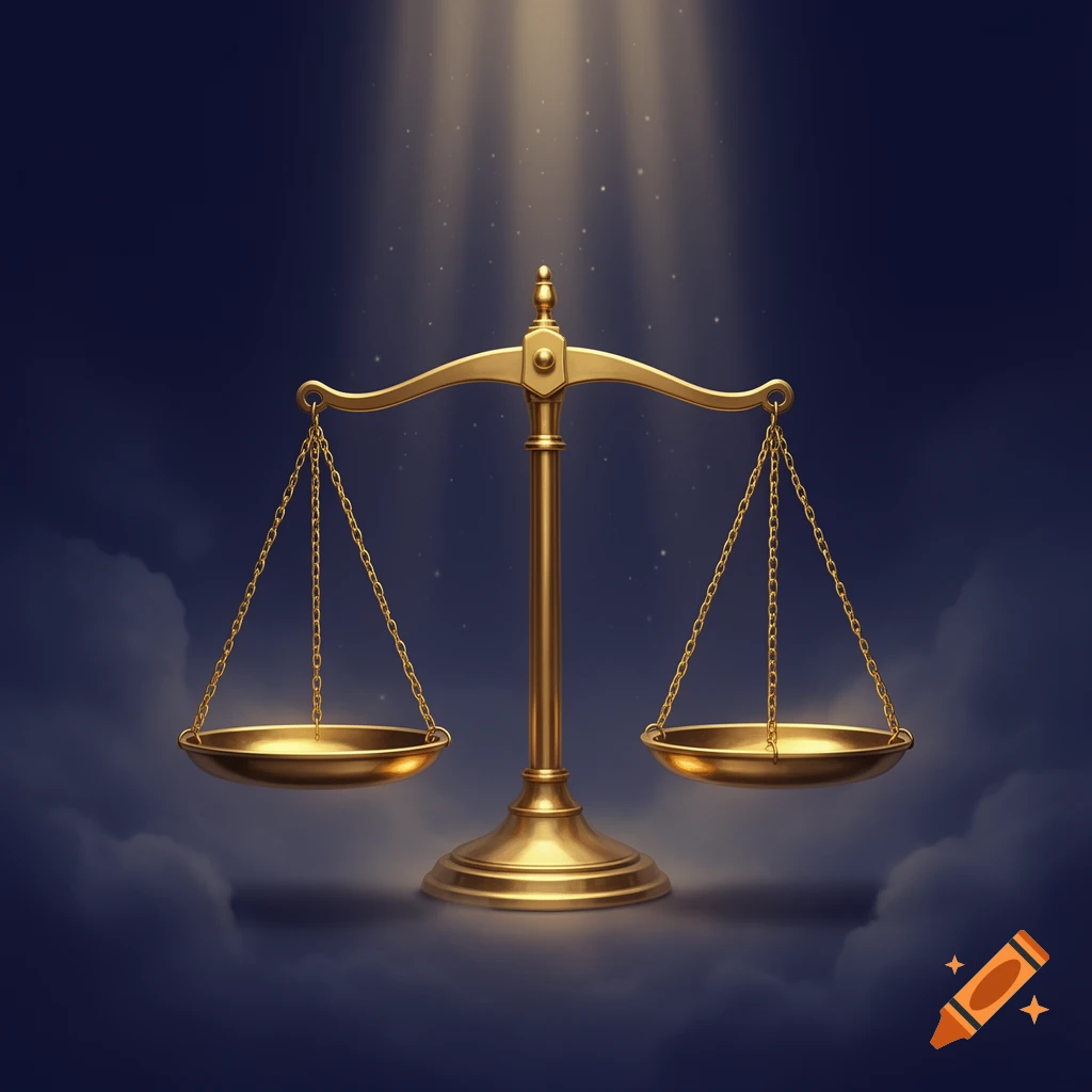 A golden balance scale with two pans, bathed in rays of light, against a dark blue, cloudy background.