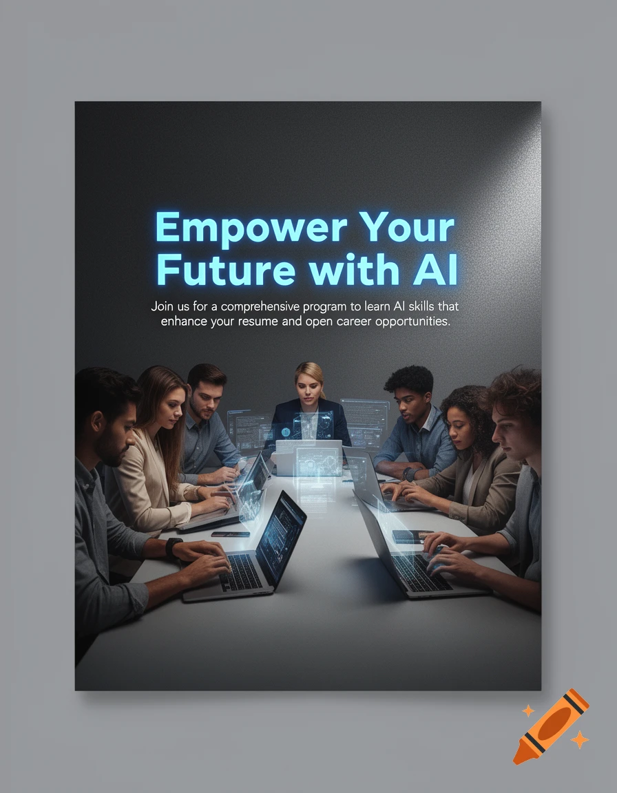 Diverse group of young adults working on laptops at a table, with holographic displays, promoting an AI learning program.