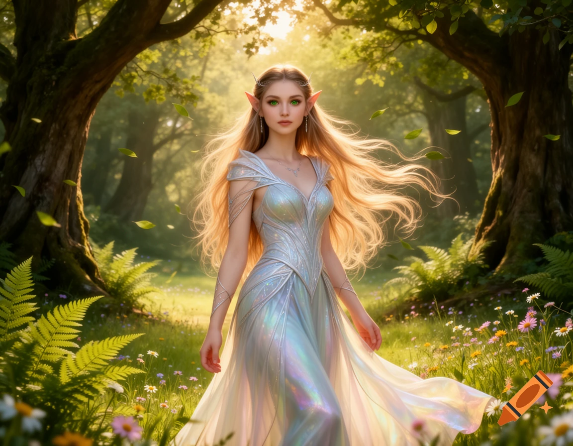 A beautiful elf woman with long blonde hair and a shimmering silver dress, walking through a sunlit enchanted forest.
