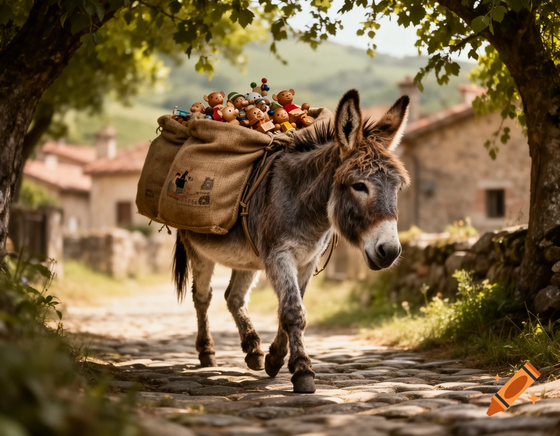 A donkey with two burlap bags filled with wooden vintage toys walks down a cobblestone path in a sunny, rustic village.