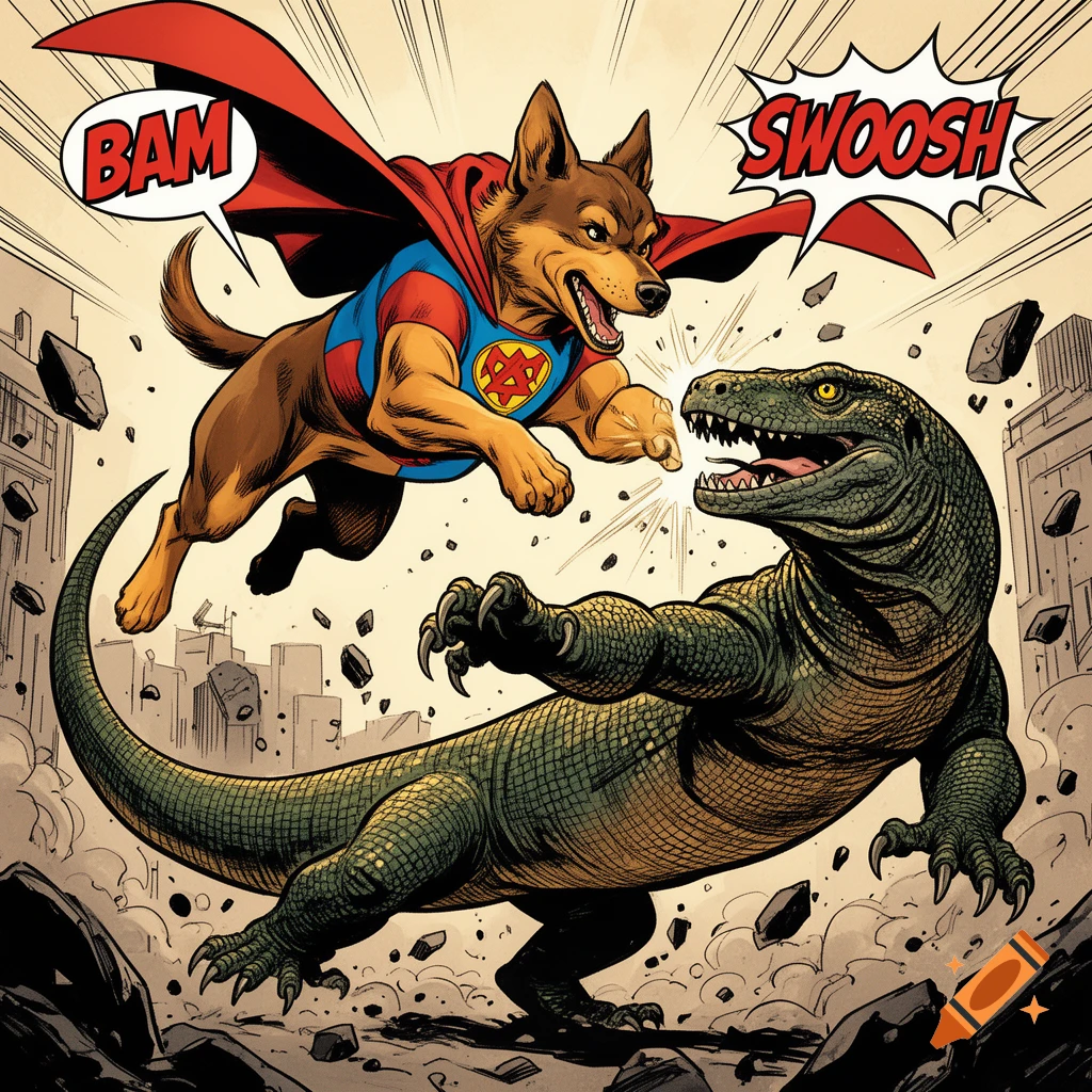 A comic book illustration of a superhero dog in a red cape punching a large green komodo dragon, with "BAM" and "SWOOSH" text.