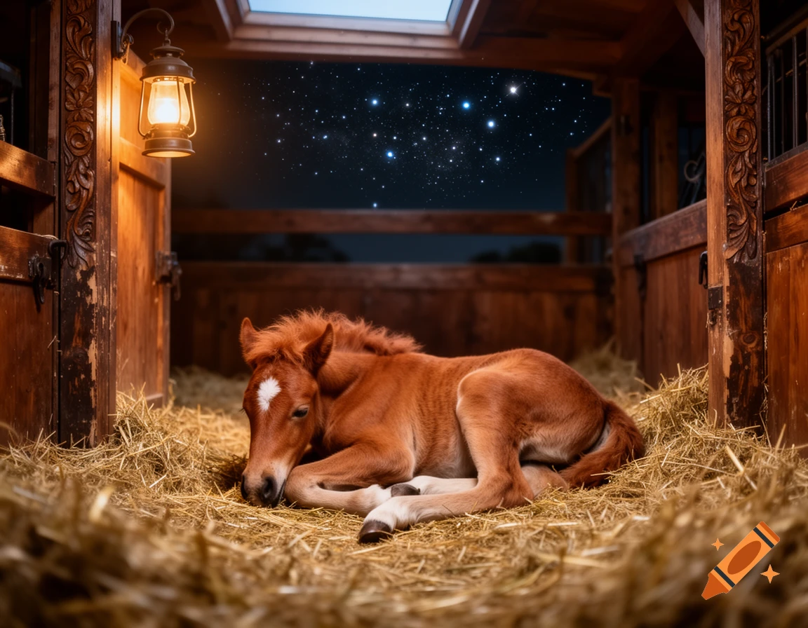 A brown foal with a white blaze sleeps curled up on straw inside a rustic stable under a starry night sky, illuminated by a glowing lantern.