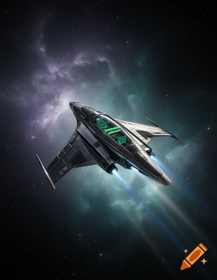 A futuristic black and silver spaceship with glowing blue engines and 'Destination unknown' on its screen flies through a nebula.