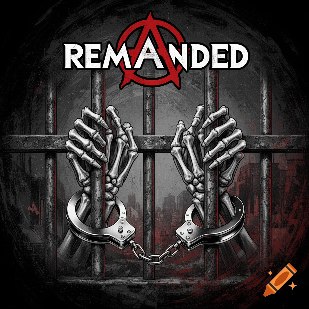 Dark, gritty illustration of skeletal hands handcuffed behind prison bars, with the text REMANDED and an anarchy symbol above.