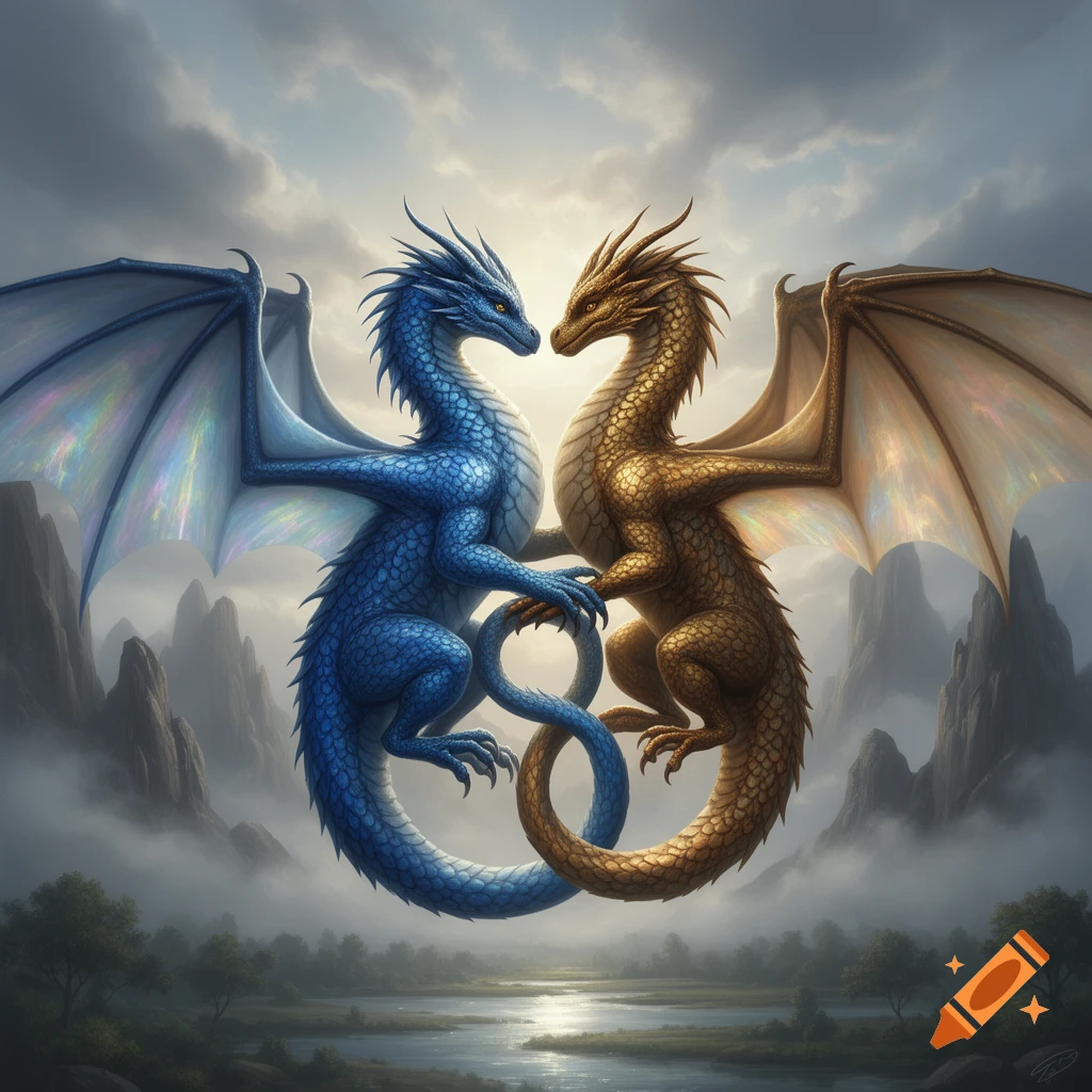 A blue dragon and a bronze dragon with intertwined tails embrace in a misty, mountainous fantasy landscape with a reflective river.