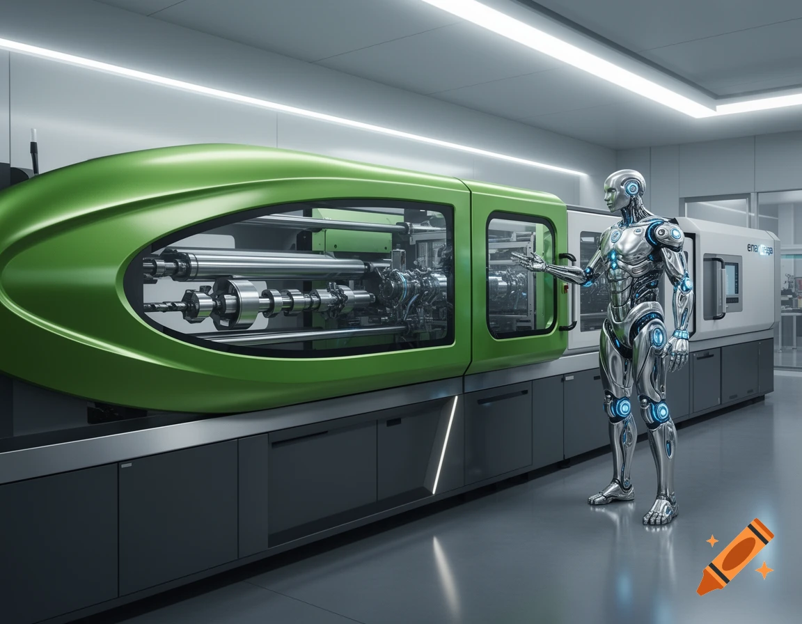 A silver cyborg stands next to a large, green, futuristic injection molding machine in a factory setting.