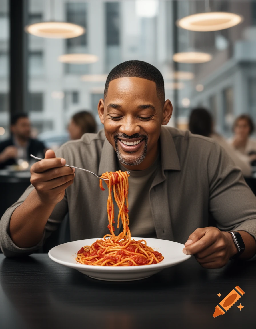 Will Smith happily eats spaghetti with red sauce from a white plate at a dark table in a restaurant.