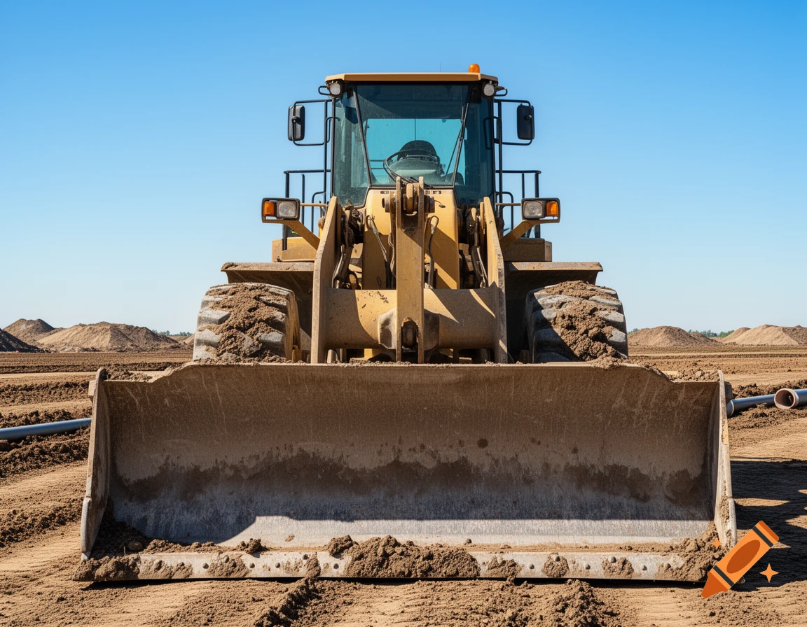 A large yellow bulldozer with a wide front blade stands on a dirt field under a clear blue sky.