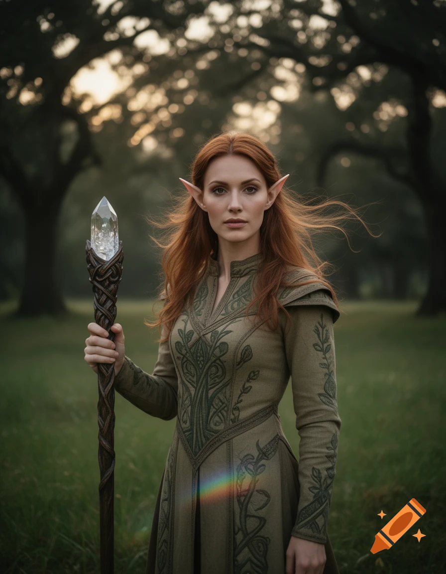 A photorealistic image of a female elf cleric with long red hair, wearing an embroidered green tunic, holding a glowing crystal staff in a forest.