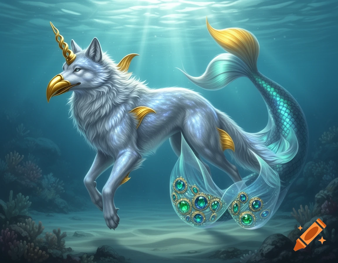 A majestic white wolf-like fantasy creature with a golden unicorn horn, bird beak, and a jewel-encrusted mermaid tail swims underwater.