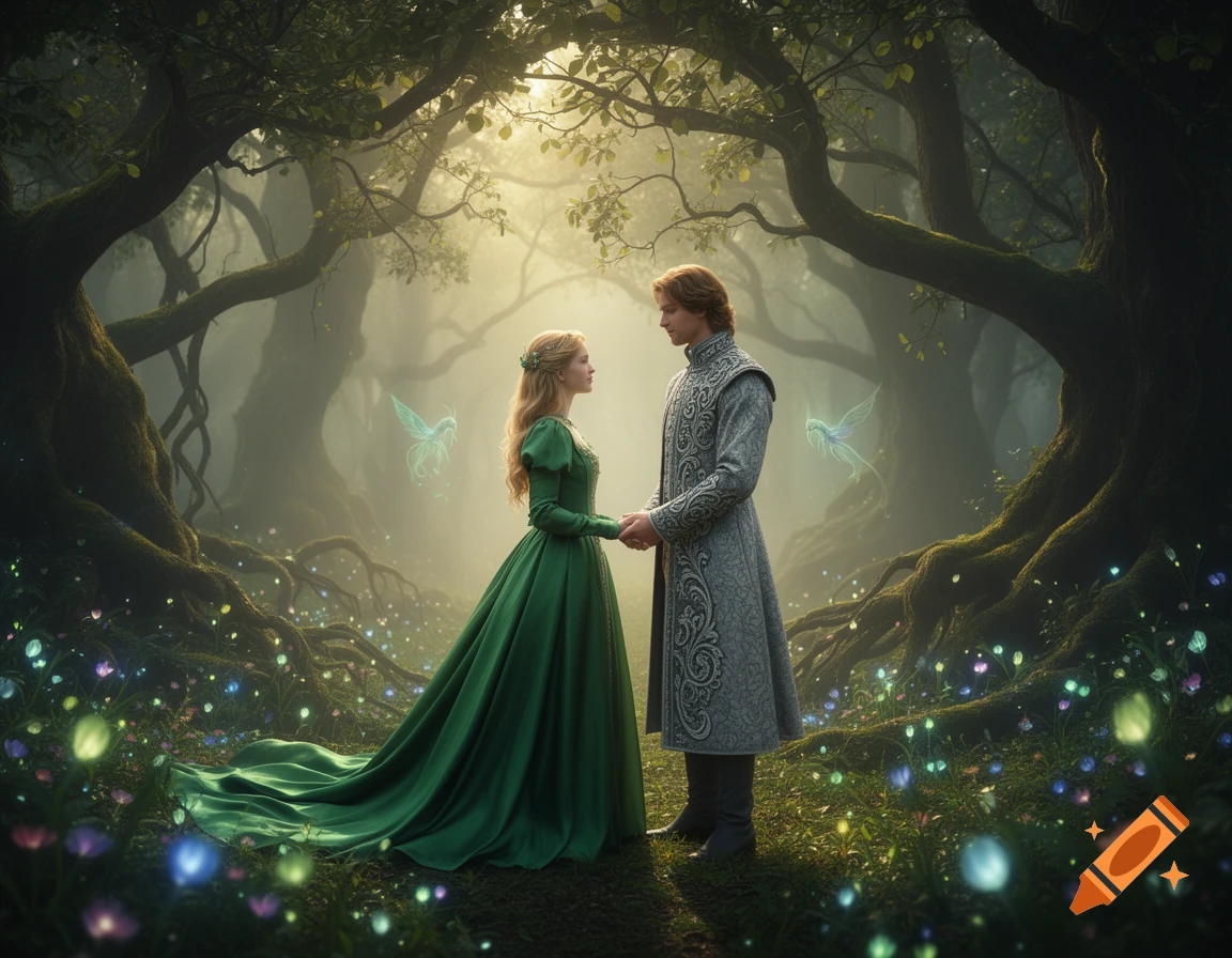 A prince and princess holding hands in an enchanted forest with glowing flowers and fairies.