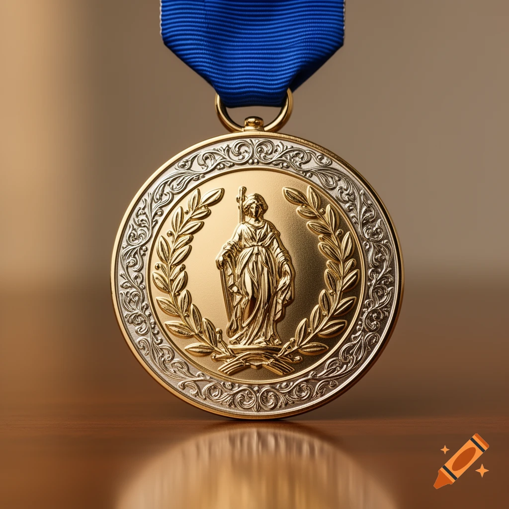 A detailed gold and silver medal with an embossed figure and laurel wreaths, hanging from a blue ribbon, resting on a polished wooden surface.