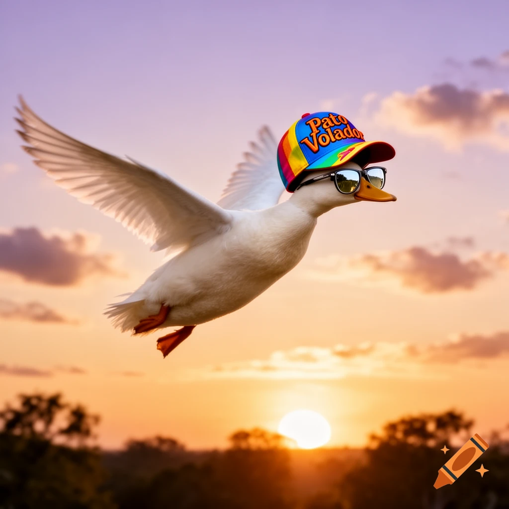 A white duck wearing a rainbow baseball cap and sunglasses flies across a vibrant sunset sky, with a bright orange sun.