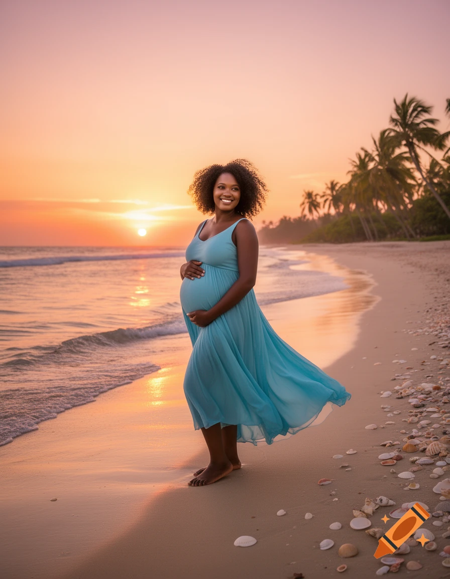 A radiant pregnant African woman stands barefoot on a tropical beach at sunrise, hands on her baby bump, smiling. Photorealistic.