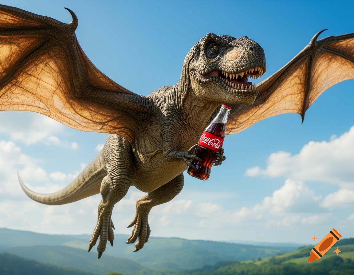 A photorealistic winged T-Rex flies across a blue sky, holding a Coca-Cola bottle in its hand over green hills.