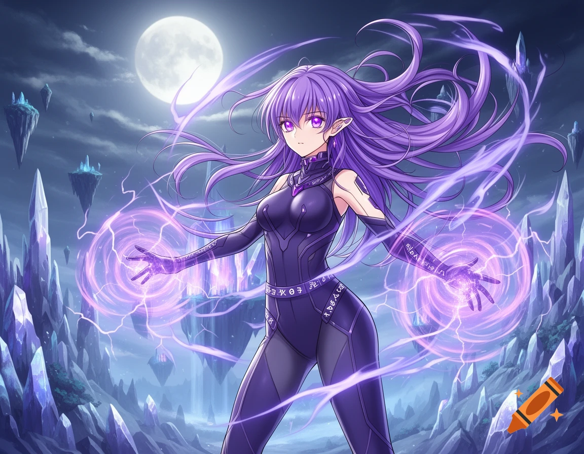 An anime girl with long purple hair, elf ears, and a dark suit, conjuring purple energy orbs. She stands in a fantasy landscape with crystal formations and floating islands under a full moon.