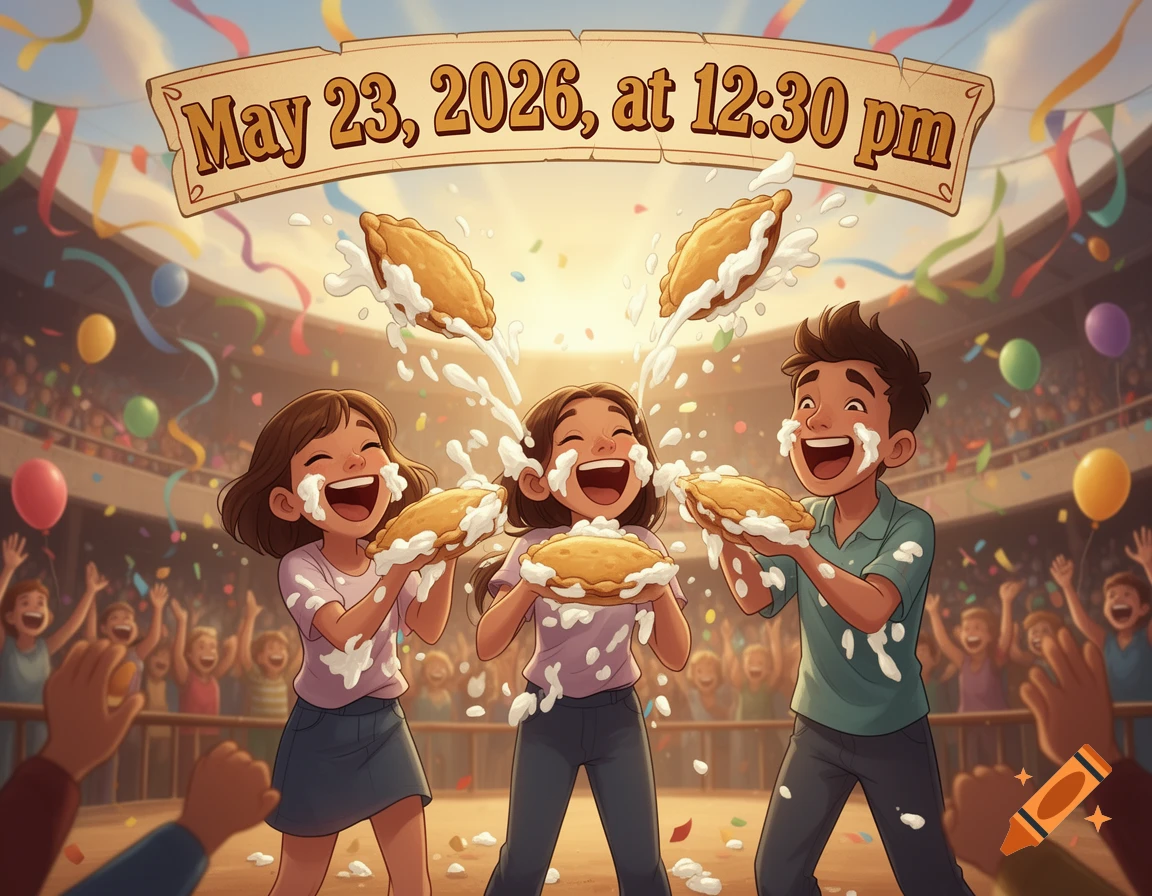 Animated illustration of three laughing children getting hit with pies at a lively arena, with a banner reading 'May 23, 2026, at 12:30 pm'.