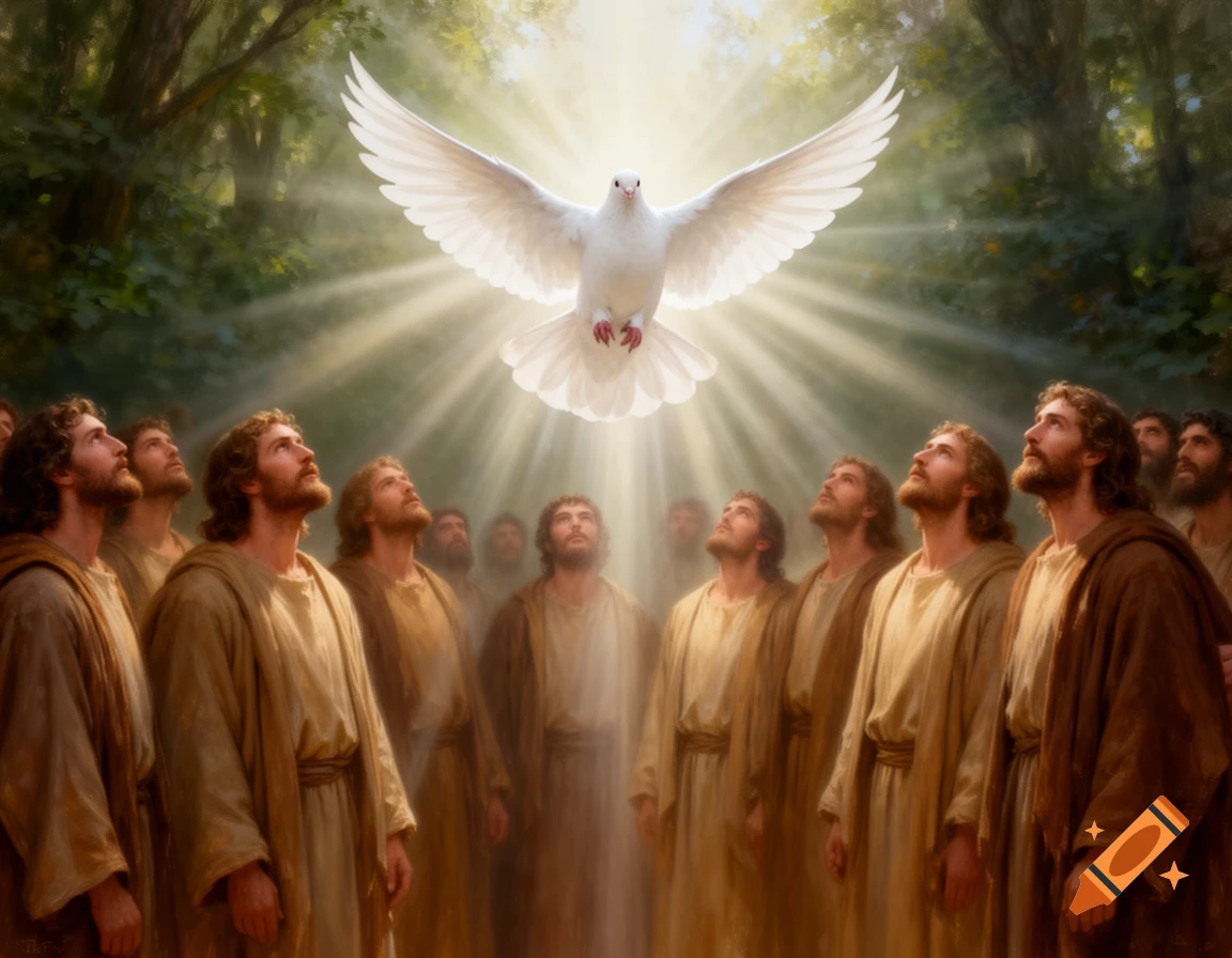 A white dove flies above a group of men looking upwards, surrounded by bright light rays in a lush forest.