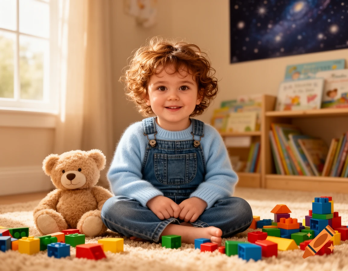 A smiling, curly-haired toddler in denim overalls sits on a rug with a teddy bear and colorful building blocks.