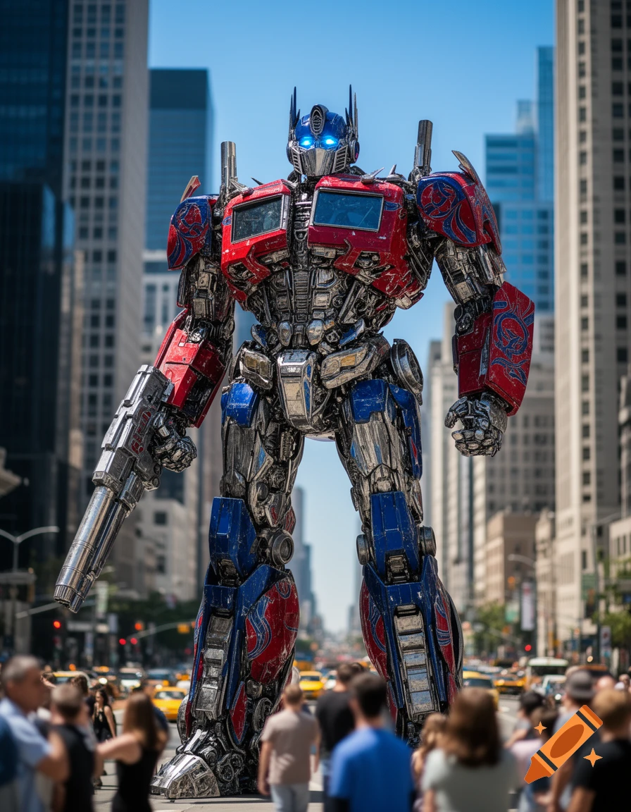 A massive Optimus Prime robot stands in the middle of a bustling city street, towering over blurred pedestrians and yellow taxis, under a clear blue sky.