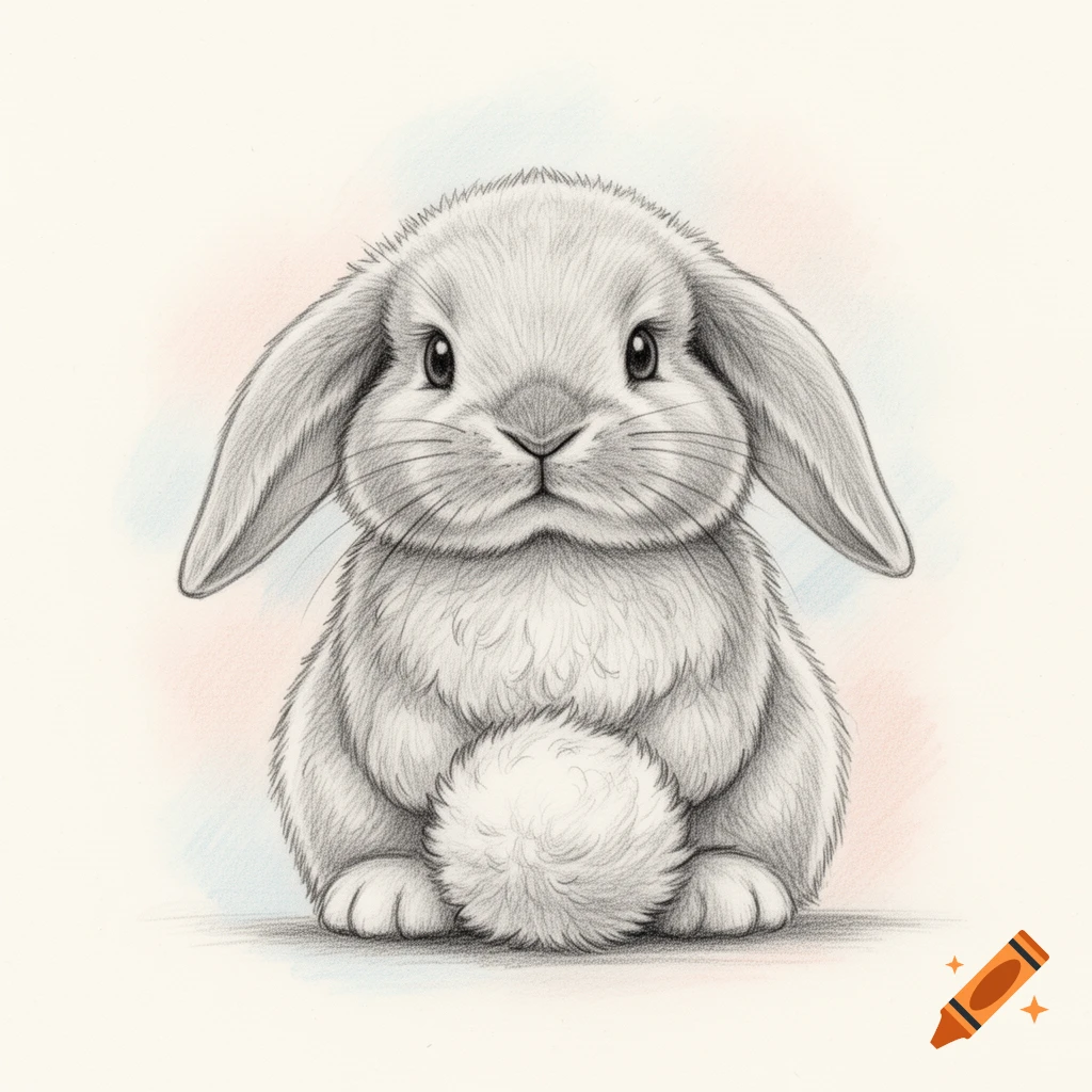 A fluffy grey lop-eared bunny drawing with a soft white tail, against a pastel pink and blue background.