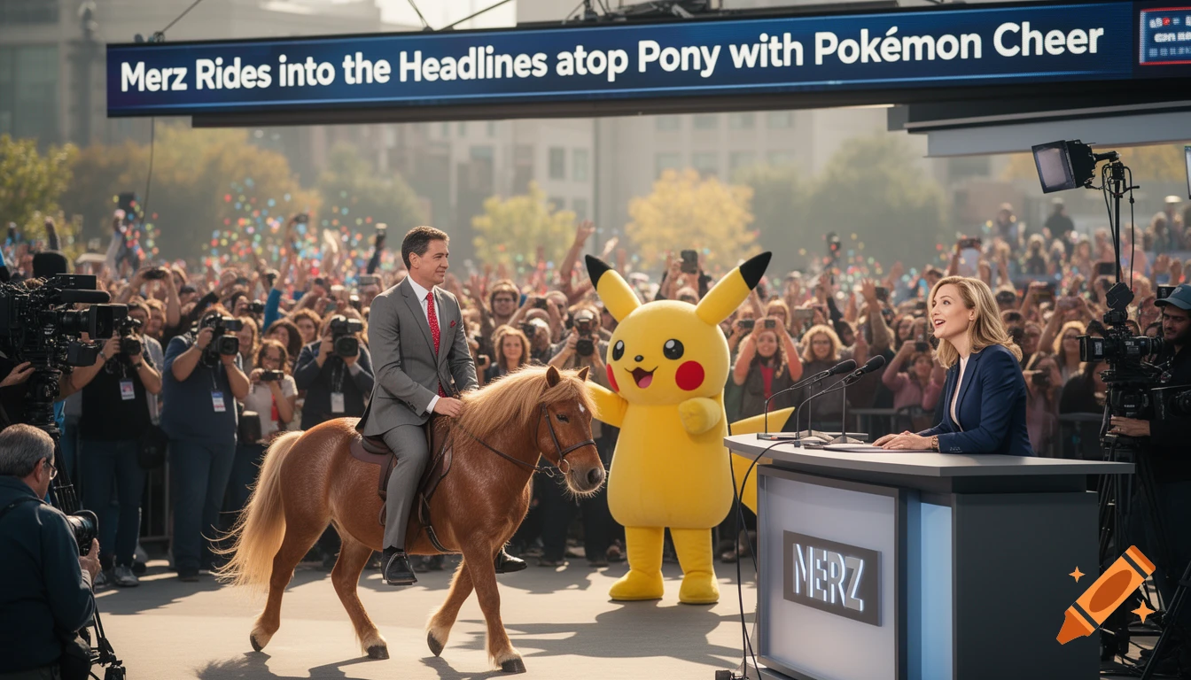 A man in a suit rides a small brown pony past a large Pikachu mascot and a female news anchor at a crowded outdoor news event. A banner overhead reads 'Merz Rides into the Headlines atop Pony with Pokémon Cheer'.