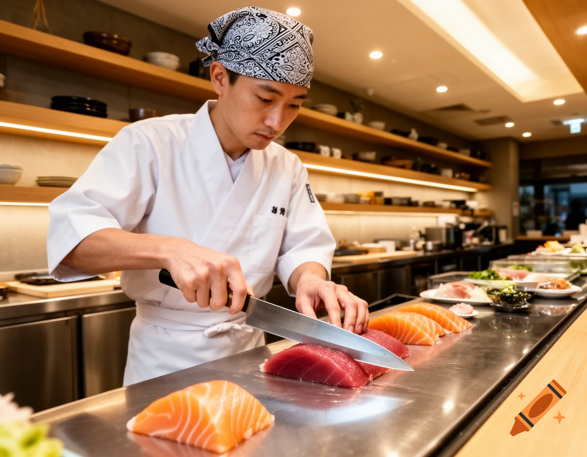 A chef in a white uniform and bandana slicing fresh tuna and salmon sashimi at a sushi bar.