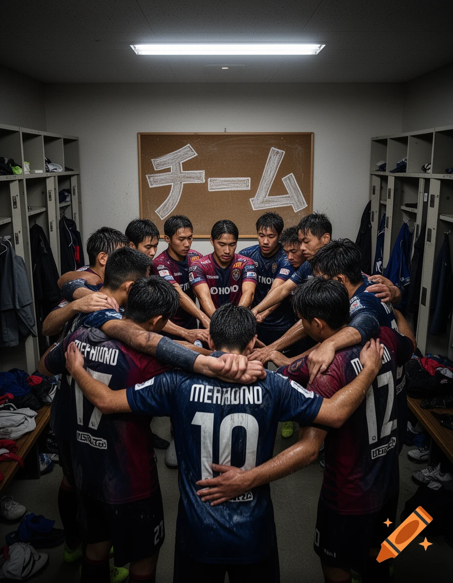 Male soccer team huddles in a locker room with Japanese text on a board behind them, photorealistic.