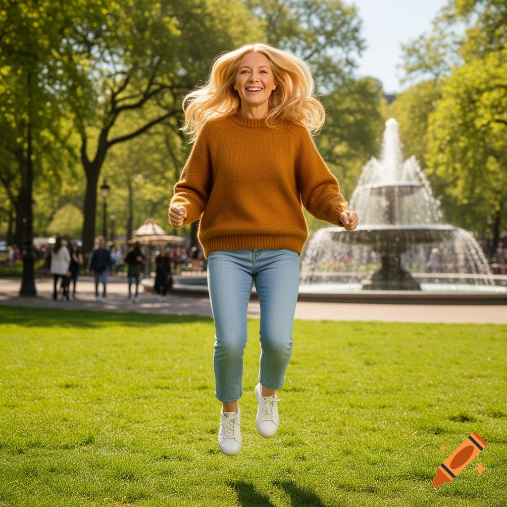 A smiling blonde woman in a brown sweater and jeans jumps in the air in a sunny park with a fountain in the background.